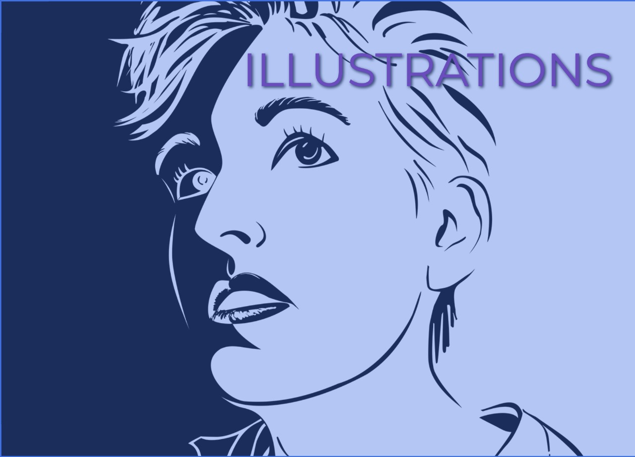 Illustrations section with a vector self-portrait of Angela